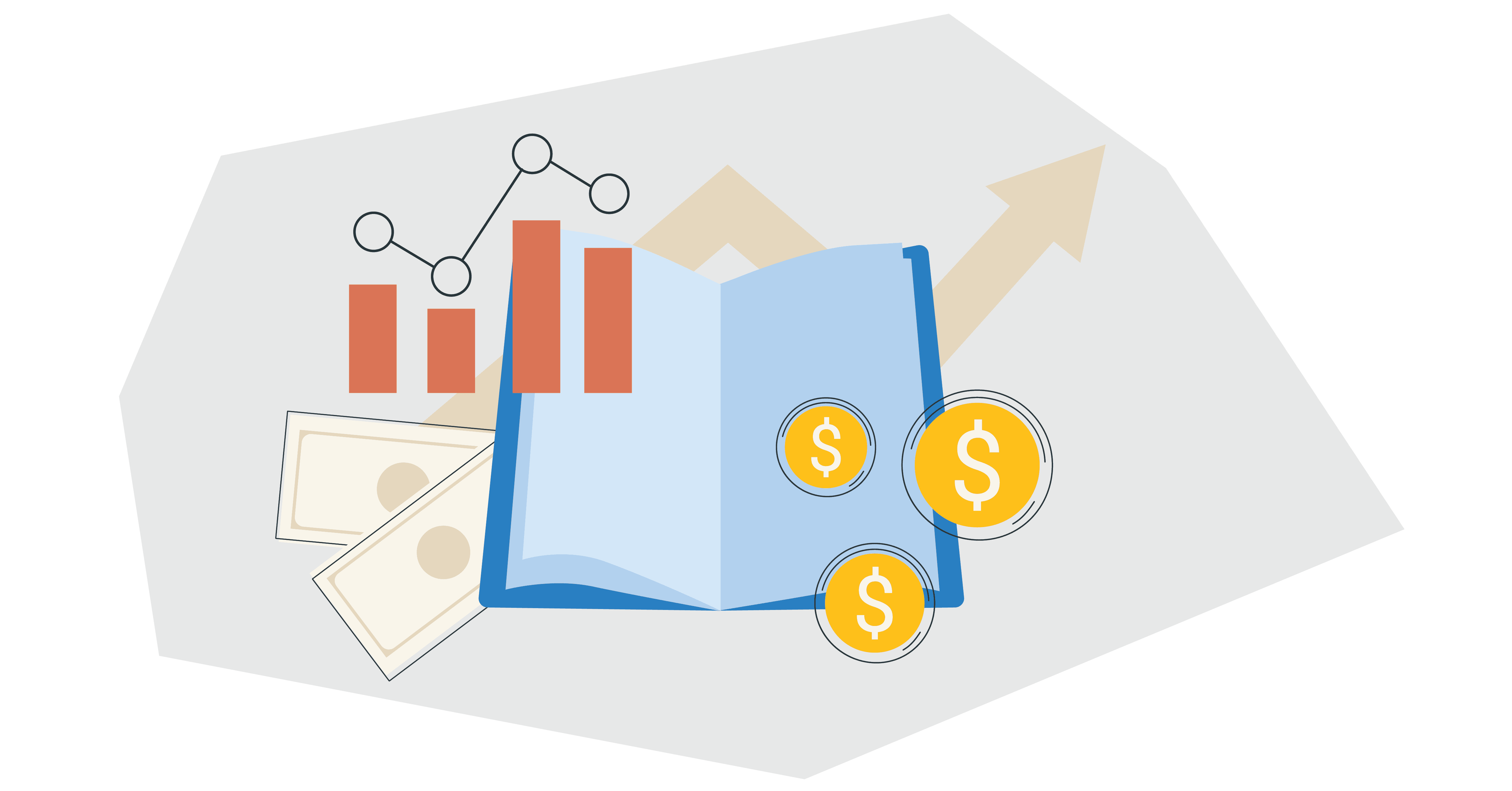 a book surround by a chart and money