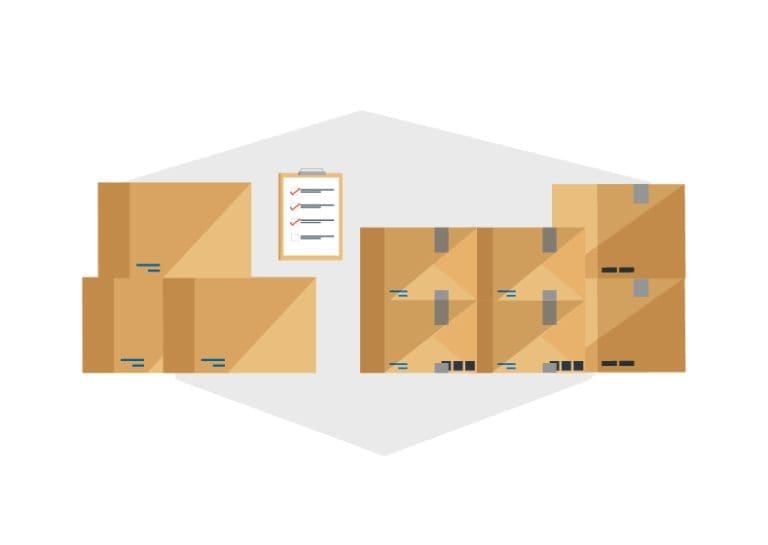 a stack of boxes and a checklist on a clipboard