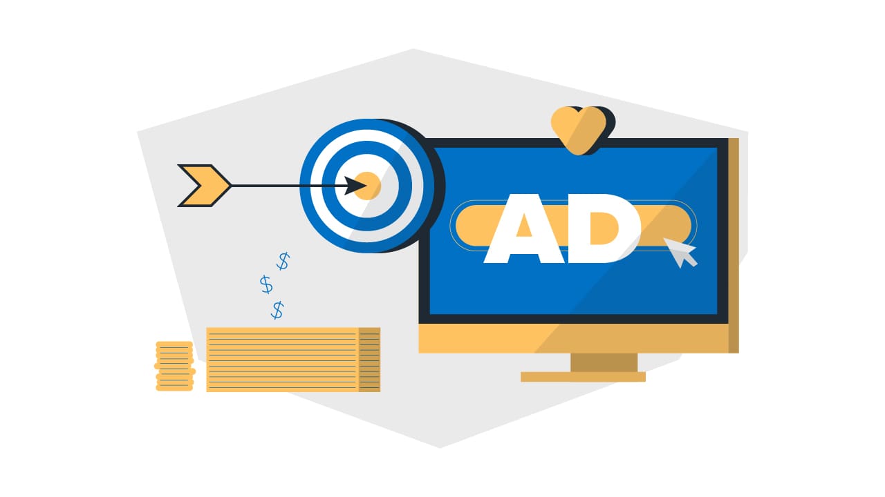 a computer screen that says "Ad" and shows a bullseye and a stack of money