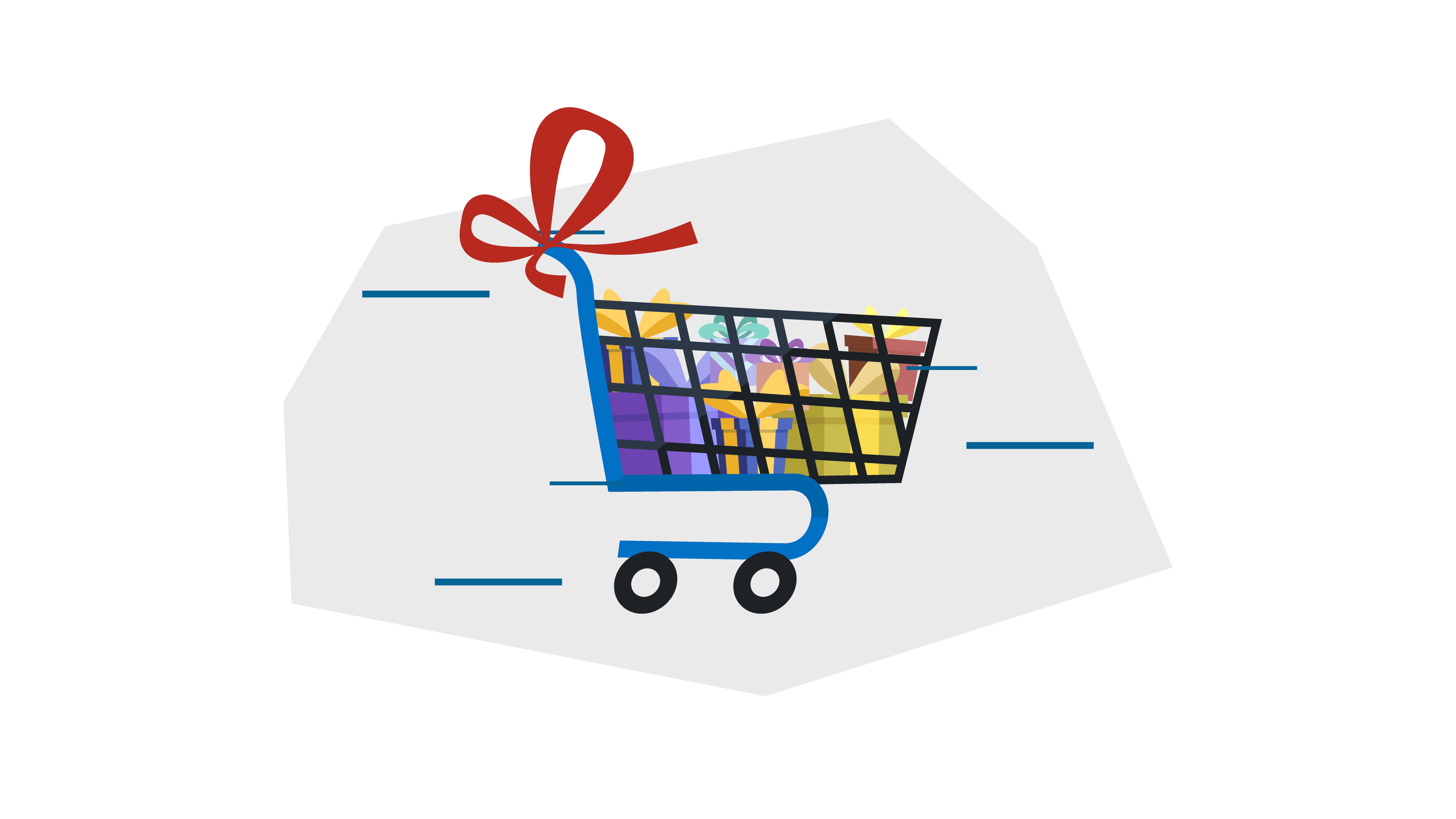 a shopping cart with gifts in it and a bow on the cart