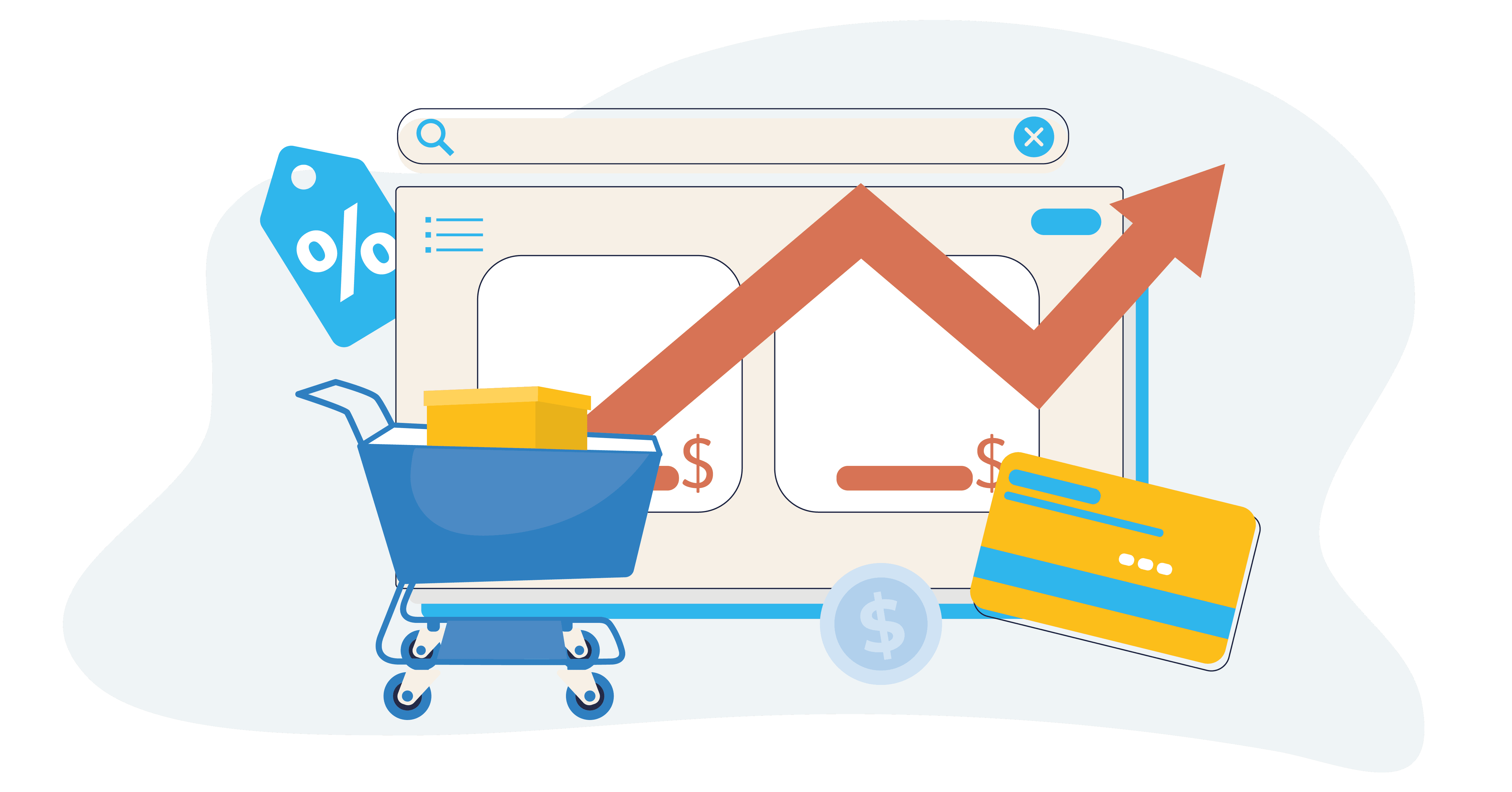 a shopping cart, credit card, and a web browser with an upward trending graph