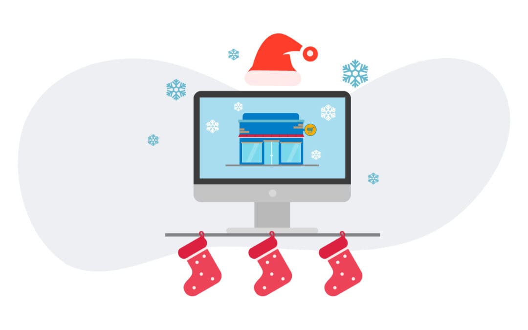 An storefront in a monitor with snowflakes, stockings, and santa clause cap