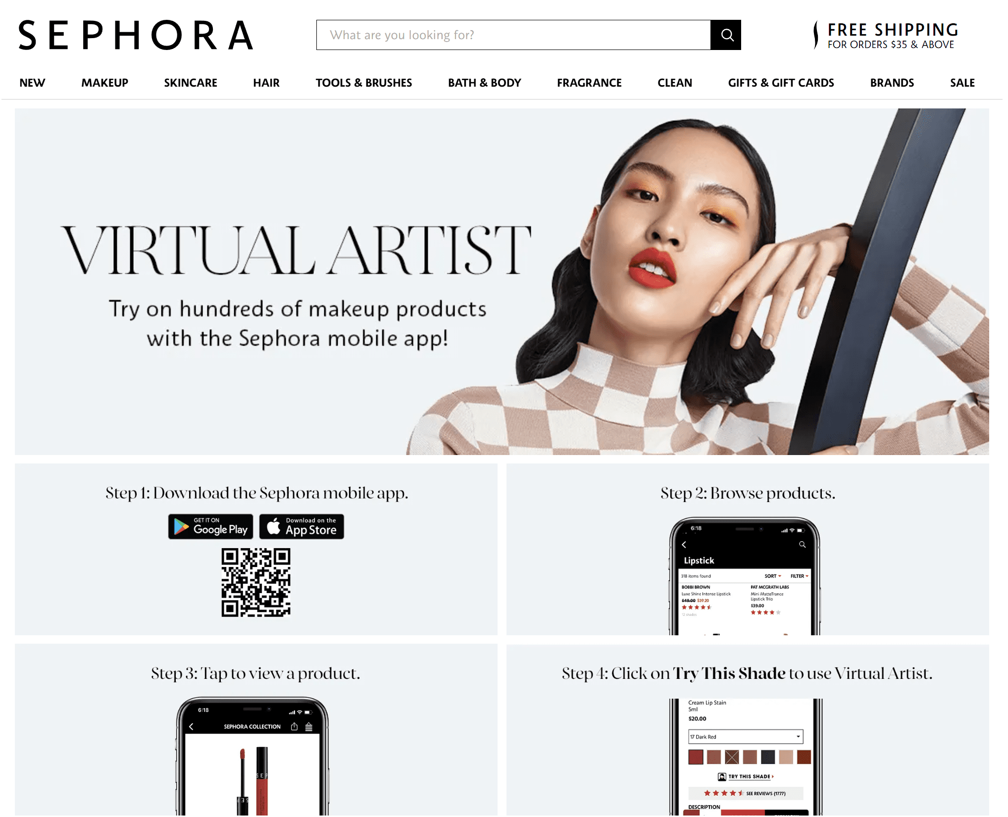 A photo of the Sephora homepage for their virtual artist and how to use it
