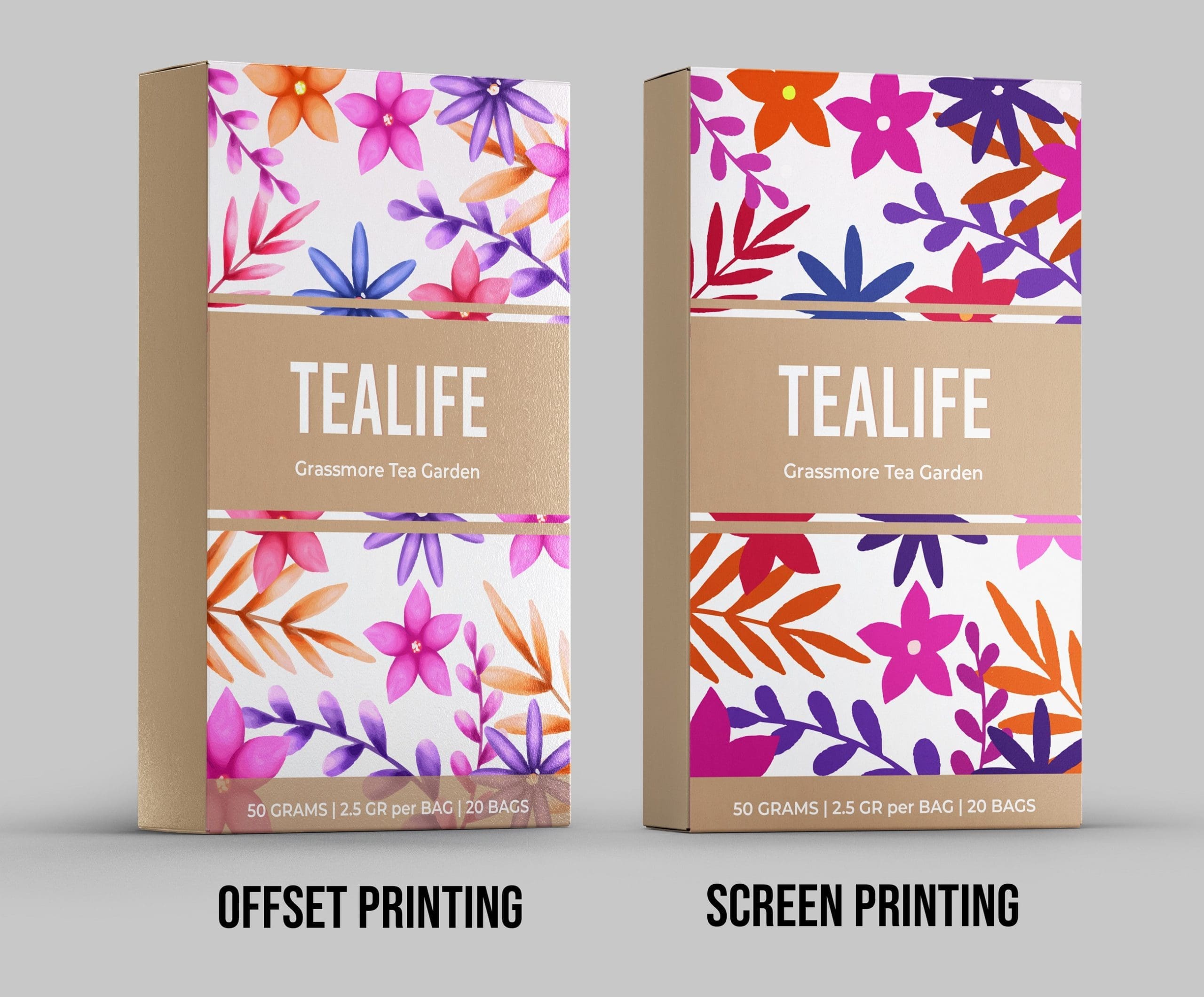 Comparison of tea packaging boxes printed with offset printing and screen printing, showing differences in color detail