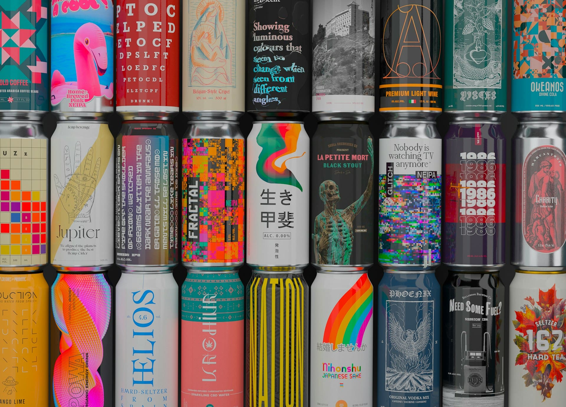 Rows of different types of drink cans lined up