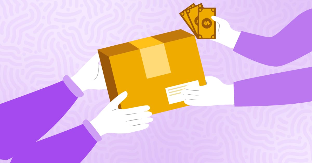Hands holding a box and money exchanging each
