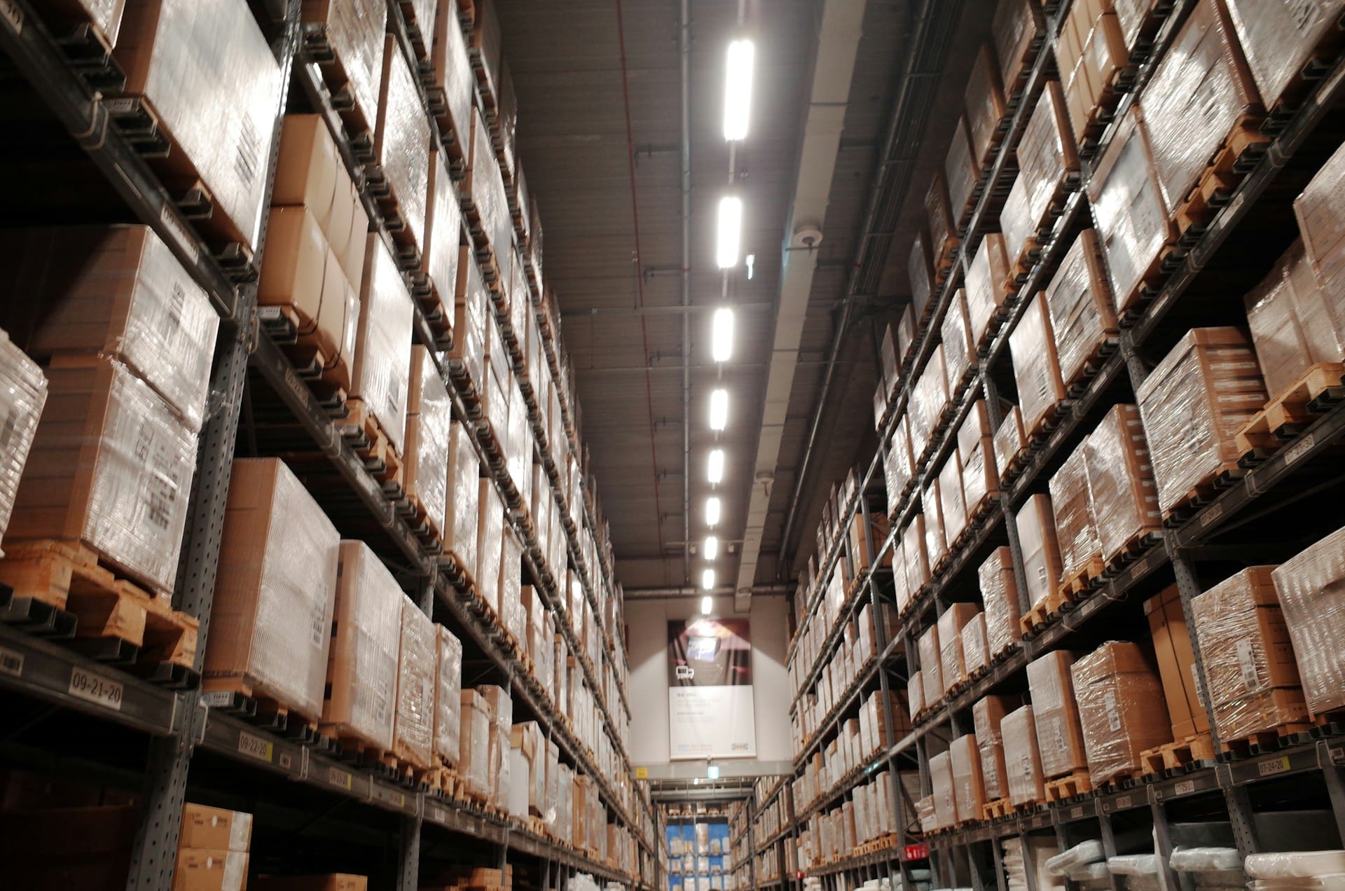 Shelves of products in a warehouse
